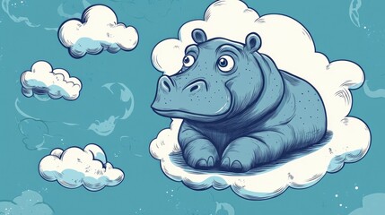 Wall Mural - Cartoon hippo line art illustration featuring a thought bubble