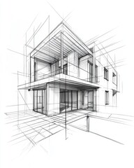 Line art illustration depicting the architectural concept of a house building in a 3D sketch format