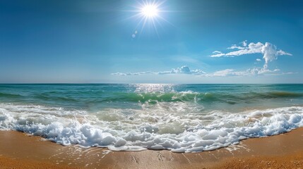 a beautiful beach with waves crashing onto the shore, under a clear blue sky and bright sun