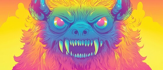 Sticker - Line art illustration featuring a vibrant rainbow gradient depiction of a cartoon monster