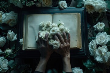 A person holds a bouquet of flowers over an open book, conveying a sense of joy and celebration