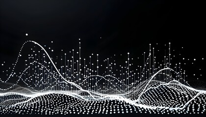 Wall Mural - Dynamic abstract data visualization showing white lines and dots on a black background, symbolizing growth and forward movement.