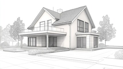 Poster - line art illustration of a 3d architectural design of a house