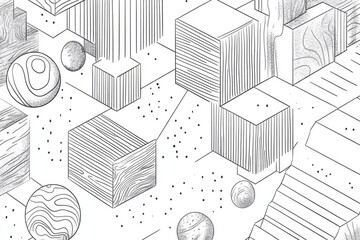Line art illustration featuring an abstract design on a white background with three dimensional blocks