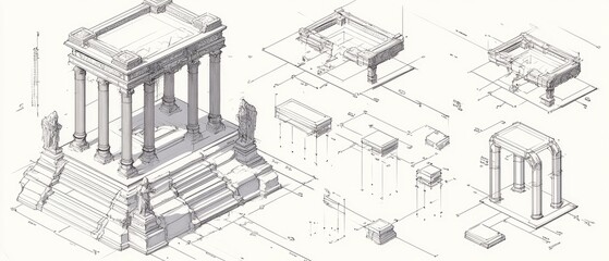 Poster - line art illustration of a 3d model featuring geometric perspective modeling aspects and detailed ax
