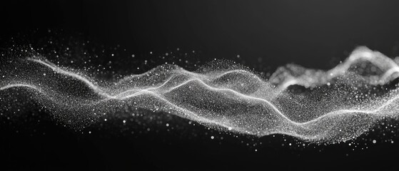 Line art illustration depicting a wave of digital particles on a dark background Abstract intertwining lines and points representing the connection and motion of small elements