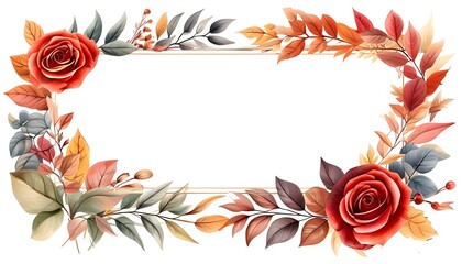 Wall Mural - Autumn-inspired watercolor banner featuring elegant roses and vibrant leaves on a clean white backdrop