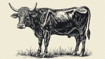 Wall Mural - Vintage engraved illustration of a cow character in a line art style