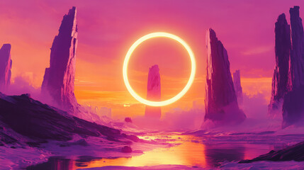 Purple golden hour. Bright ring. Orange atmosphere. Digital painting. Fictional abstract realm. Futuristic concept art. Colorful artistic landscape.