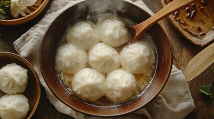 Steaming dumplings in a wooden bowl with a wooden spoon.