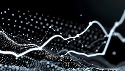 Poster - Dynamic abstract data visualization showing white lines and dots on a black background, symbolizing growth and forward movement.