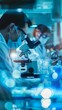 © Maria Mikhaylichenko - Scientists in protective gear conduct research in a high-tech laboratory, peering into microscopes amidst a blue-tinted environment with glowing lights.