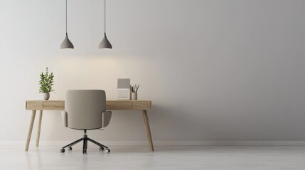 Poster - Simple and elegant 3D office space with a plush chair, wooden desk, and warm lighting, on a clean white background for a clear view