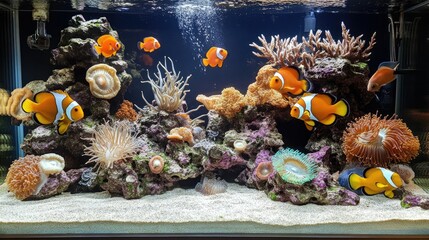 A beautiful aquarium display with a variety of marine species, including clownfish, angelfish, and sea anemones.