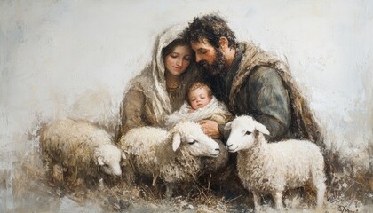 the holy family. a young family with a baby and sheeps.