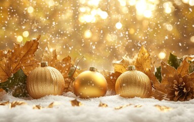 Golden ornaments and pinecones resting in the snow, with autumn leaves and soft golden light creating a warm holiday background