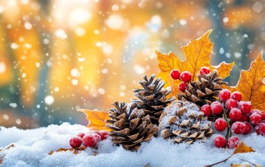 Wall Mural - red orange maple leaves dusted with snow framed against a bright winter sky, contrasting the colors 