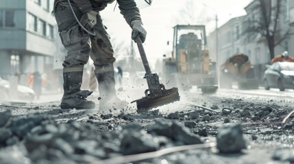 construction worker breaking up asphalt