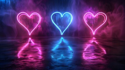 Poster - Pulsating Neon Heart Shapes on Reflective Dark Background for Product Concept