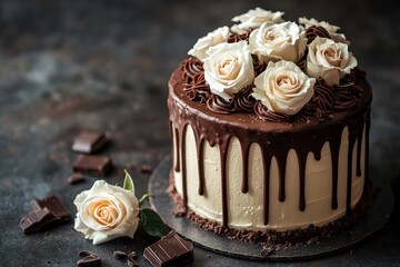 Chocolate cake decorated with white roses and chocolate ganache.