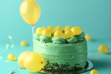 Wall Mural - A vibrant green birthday cake with yellow balloons against a turquoise backdrop.