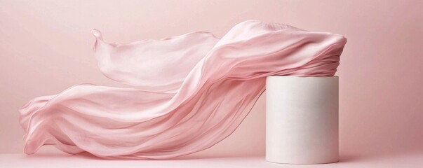 Poster - Abstract Pink Silk Fabric Draped Over a White Cylinder on a Pastel Background, Minimalism, Photography, Texture