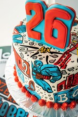 Wall Mural - A superhero comic birthday cake with the number 26 in bold red and blue icing, featuring comic book graphics on a white background.