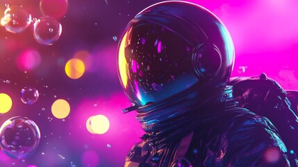 Wall Mural - Astronaut in Neon Lights with Reflective Bubbles, Space, Neon, 3D , astronaut, neon light, digital art