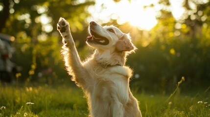 Golden Retriever Paw Up in Sunset Meadow, Golden Retriever, Paw Up, Meadow, Sunset