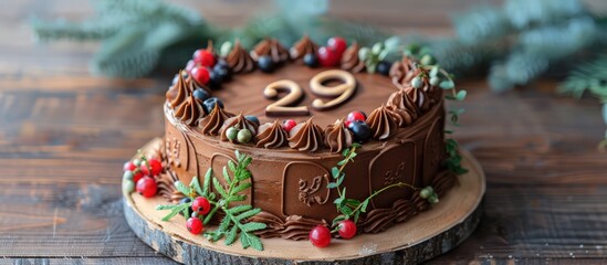 Wall Mural - A rustic birthday cake with the number 29 in chocolate icing, adorned with berries and greenery on a wooden background.