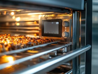 A close-up of a modern oven with food cooking inside, showcasing the sleek design and warm lighting of the kitchen.