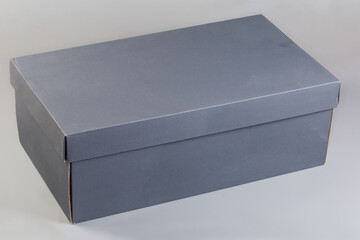 Closed gray kraft cardboard shoebox on a gray background