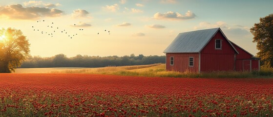 Wall Mural - Rustic Red Barn at Golden Hour with Soft Shadows.