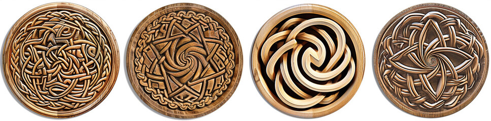 4 designs of Celtic wood carvings, featuring circular shapes, clog patterns, and a white background