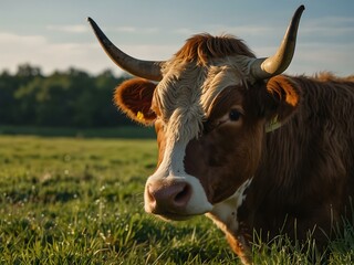 relaxed cow chewing grass in a calm green pasture.