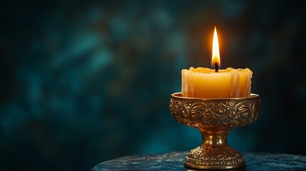 A single burning candle in a golden candlestick on a wooden table against a dark green background.