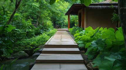 Wall Mural - Wooden Pathway Through a Serene Forest Landscape with Rustic Wooden Structure.