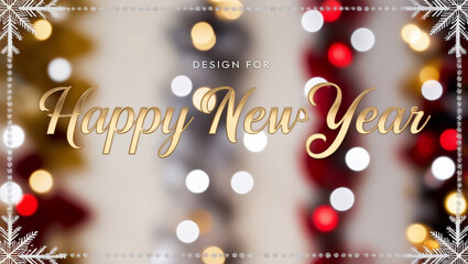 Bright and festive photo HAPPY NEW YEAR, Background with twinkling lights in shades of gold, silver and red, framed by an elegant frame with a snowflake pattern 