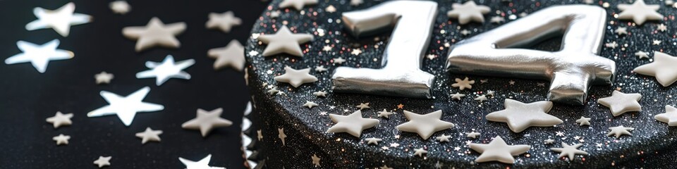 Wall Mural - A galaxy-themed birthday cake with the number 14 in silver icing, surrounded by stars on a deep black background.