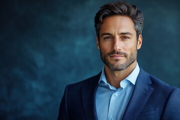 Stylish man in professional attire, exuding confidence and charm, posed against a textured blue background.