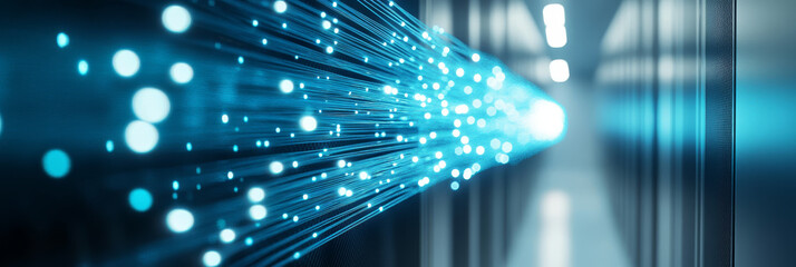 Poster - neatly arranged glowing blue fiber optic cables create stunning visual effect in modern data center.