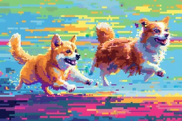 Two dogs are running in a colorful background