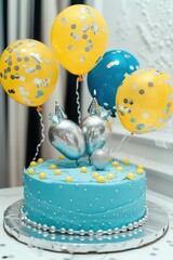 Wall Mural - A delightful blue birthday cake with silver decorations and yellow balloons in a modern white background.