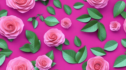 Wall Mural - Spring paper featuring charming rose flowers and green leaves against a magenta backdrop Floral seamless pattern Raster illustration