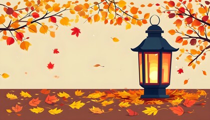 Wall Mural - Autumn Lantern Surrounded by Cascading Leaves in a Vibrant Flat Design Illustration