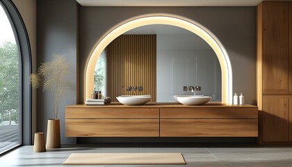 Sleek modern bathroom featuring wooden cabinets, dual sinks, and arched mirrors in a light-filled contemporary space