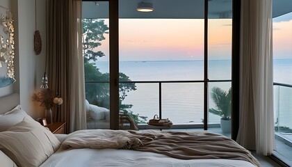 Wall Mural - Serene bedroom retreat with soft pastel tones and balcony doors revealing stunning seaside vistas