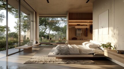 Sticker - Modern Minimalist Bedroom Design with Natural Light and Tranquil View