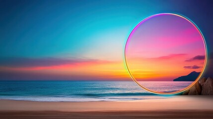 Wall Mural - Peaceful Beach Scene at Sunrise with Vibrant Rainbow Halo and Reflecting Ocean Waters.