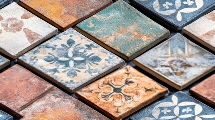 Ceramic tile designs featuring various patterns and hues